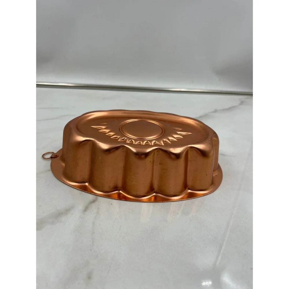 Vintage Copper Sunburst Jello Mold 3 Cup Oval Scalloped Wall Decor Hanging Pan